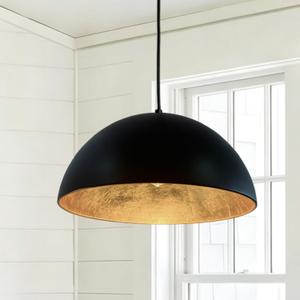 15Inch Kitchen Island Pendant Light-Matte Black with Gold Leaf Interior, Dome Chandelier for Dining Table, Bar, Cafe