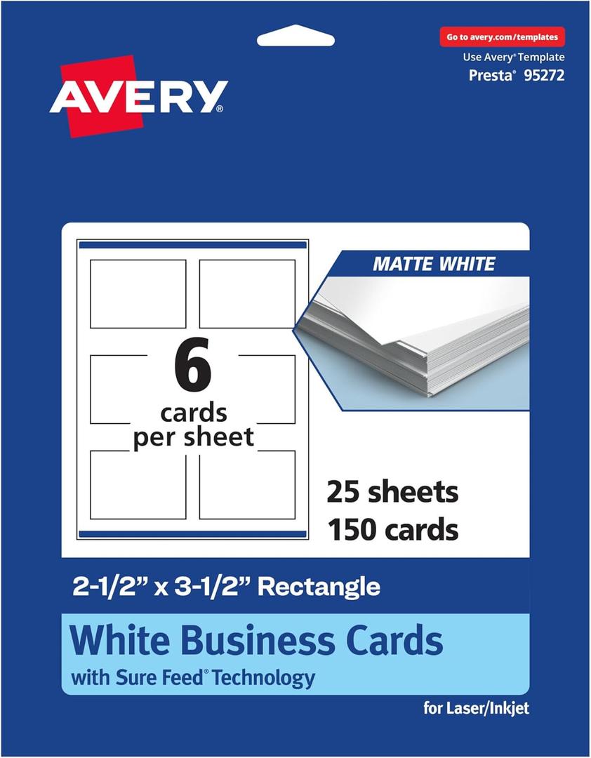 Avery Printable Rectangle Cards, Sure Feed Technology, 2.5" x 3.5", Matte White Cardstock, Print-to-the-Edge, Laser/Inkjet Cards, 150 Total