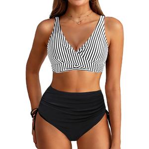 Aqua Eve Women High Waisted Bikini Twist Front Swimsuits Lace up Bikini Tops Ruched Push up 2 Piece Bathing Suits (Medium, Black and Stripe)