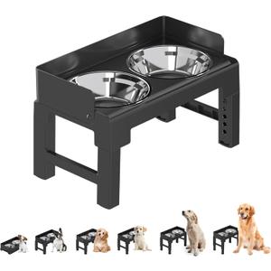 PAKEWAY Elevated Dog Bowls, Spill Proof, Tiltable Dog Feeder with 2 Stainless Steel Bowls, 6 Height Adjustable Raised Bowl (Black)