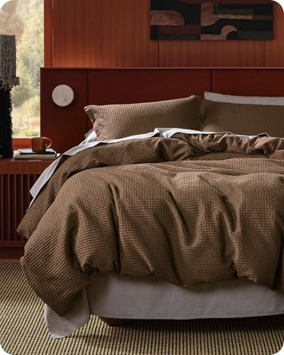 Bedsure Cotton Duvet Cover Set - 100% Cotton Waffle Weave Brown Duvet Cover California King, GentleSoft™ and Breathable Cal King Bedding Set for All Season, 3 Pieces, 104"x98"