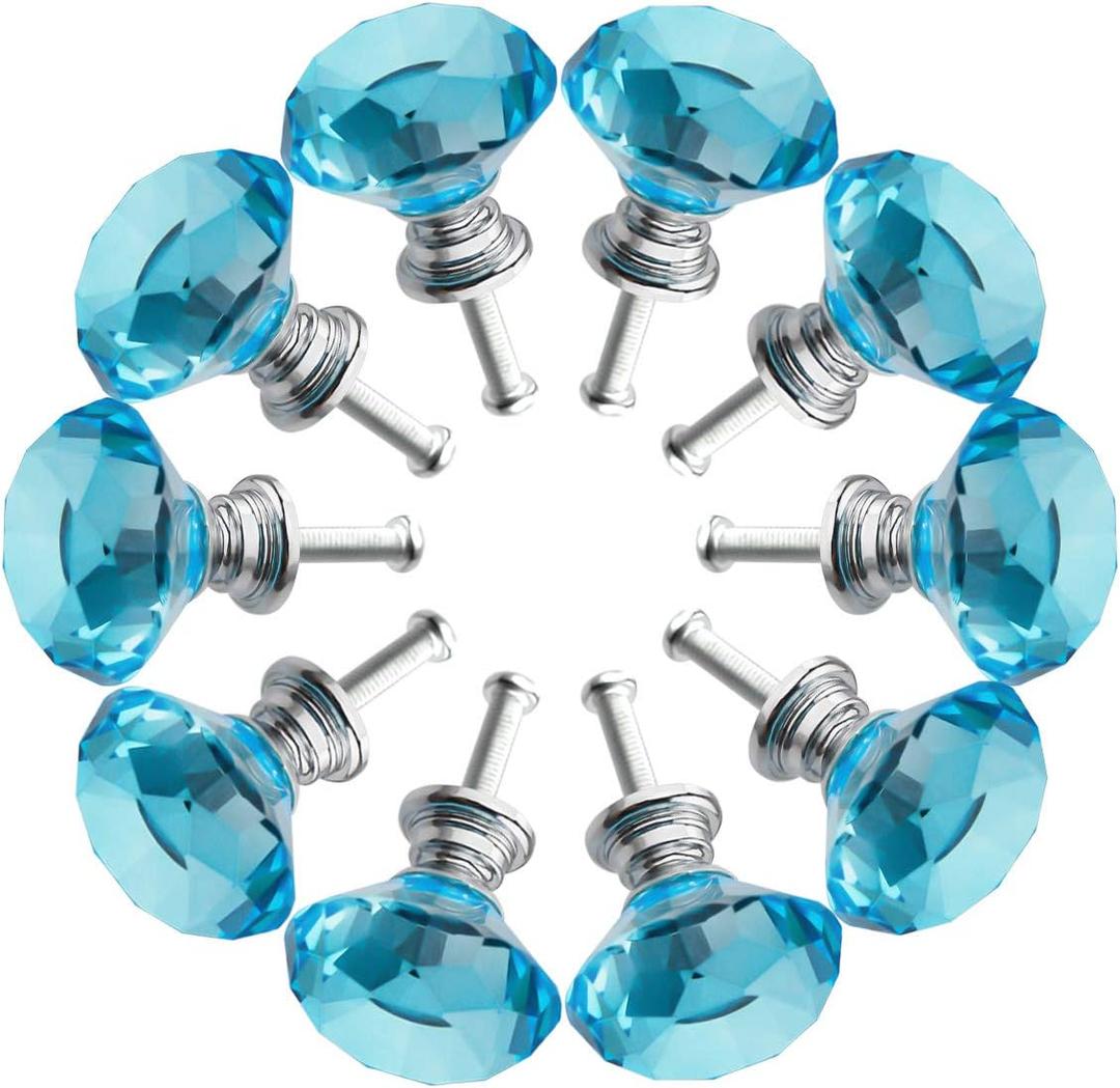 Crystal Glass Cabinet Knobs 30mm Diamond Shape Drawer Kitchen Cabinets Dresser Cupboard Wardrobe Pulls Handles 10 Pcs (Light-Blue)