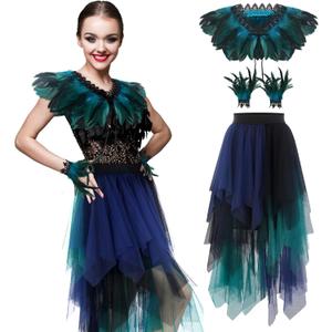 Sintege 3 Pcs Women's Peacock Costume Set Gothic Natural Feather Shawl Wrist Bracelet Multi-layered Tulle Skirt Halloween Witch Shawl Costumes