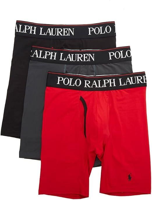 RALPH LAUREN Men's 4D Flex Cooling Microfiber Boxer Briefs, Charcoal Grey/Polo Black, Red/Polo Black, Polo Black/Red, Medium