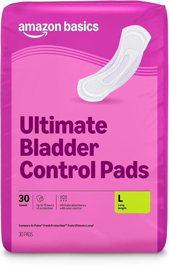Amazon Basics Incontinence Pads for Women, Long, Postpartum, Bladder Control, Ultimate Absorbency, Fresh Protection, Unscented, 30 Count, 6 packs