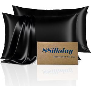 Mulberry Silk King Size Pillow Cases Set of 2, Ultra Smooth Soft Breathable Cooling Pillow Cases for Hot Sleepers, Silk Satin Pillowcases 2 Pack with Zipper for Hair and Skin, Gifts for Women, Black