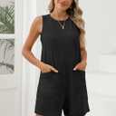 Womens Romper Casual Loose Sleeveless 2025 Summer One Piece Outfit Crewneck Short Jumpsuit Overall Outfits & Pockets (Black, S)