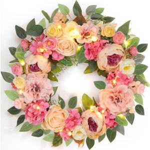 [Lighted & Timer] 22" Spring Summer Wreaths for Front Door Peony Wreath with Lights Pink Silk Flower Hydrangea Rose Green Leaves Floral Wreath for Home Wall Window Wedding Party Indoor Outdoor Decor