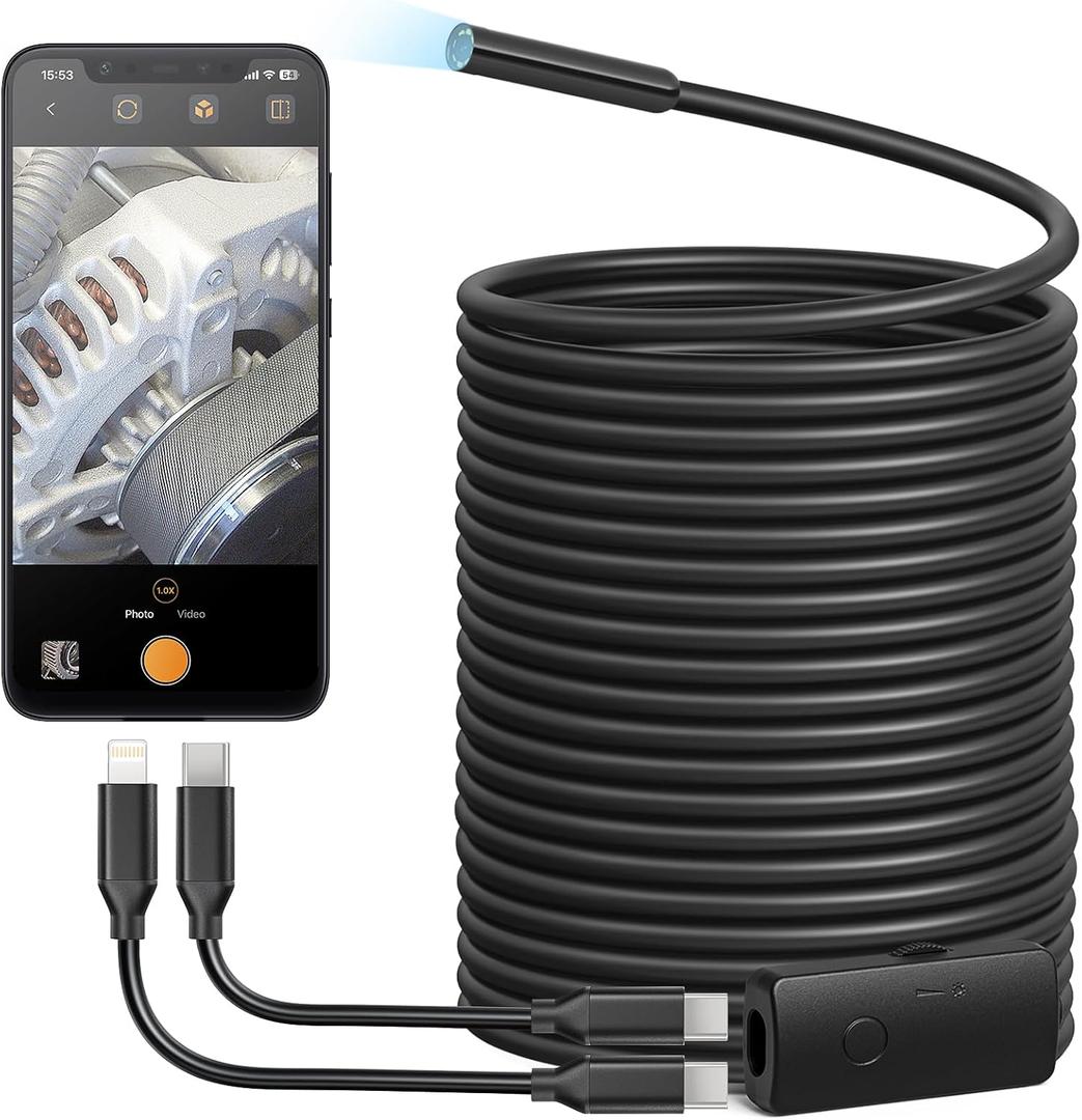 Anykit USB Endoscope Camera with 8 Adjustable LED Lights, Semi-Rigid Broscope Snake Camera, IP67 Waterproof Inspection Cam Compatible with iPhone and Android Devices (33ft)