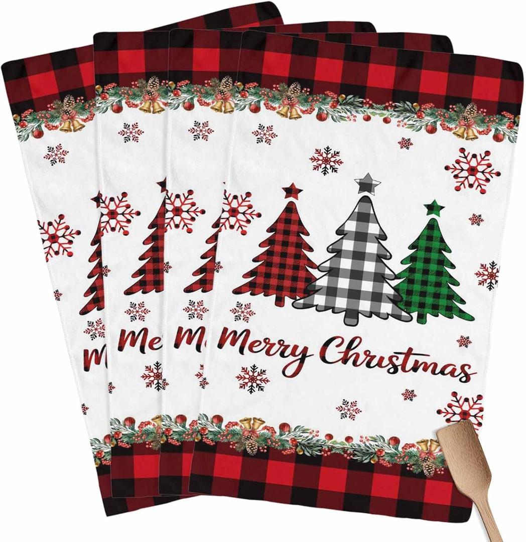 Merry Christmas Tree Kitchen Towels Set of 4 Red Black Plaid Bells Snowflake Winter Super Absorbent Dish Towels Decorative Hand Towel Cleaning Cloth for Kitchen Bathroom, Gifts for Women 18x28 Inch