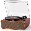All-in-One Bluetooth Record Player with 4 Built-in Speakers, 3-Speed Belt-Drive Turntable (33/45/78 RPM), RCA Out, Headphone Jack, PC Recording, Auto Stop, Mahogany Wood
