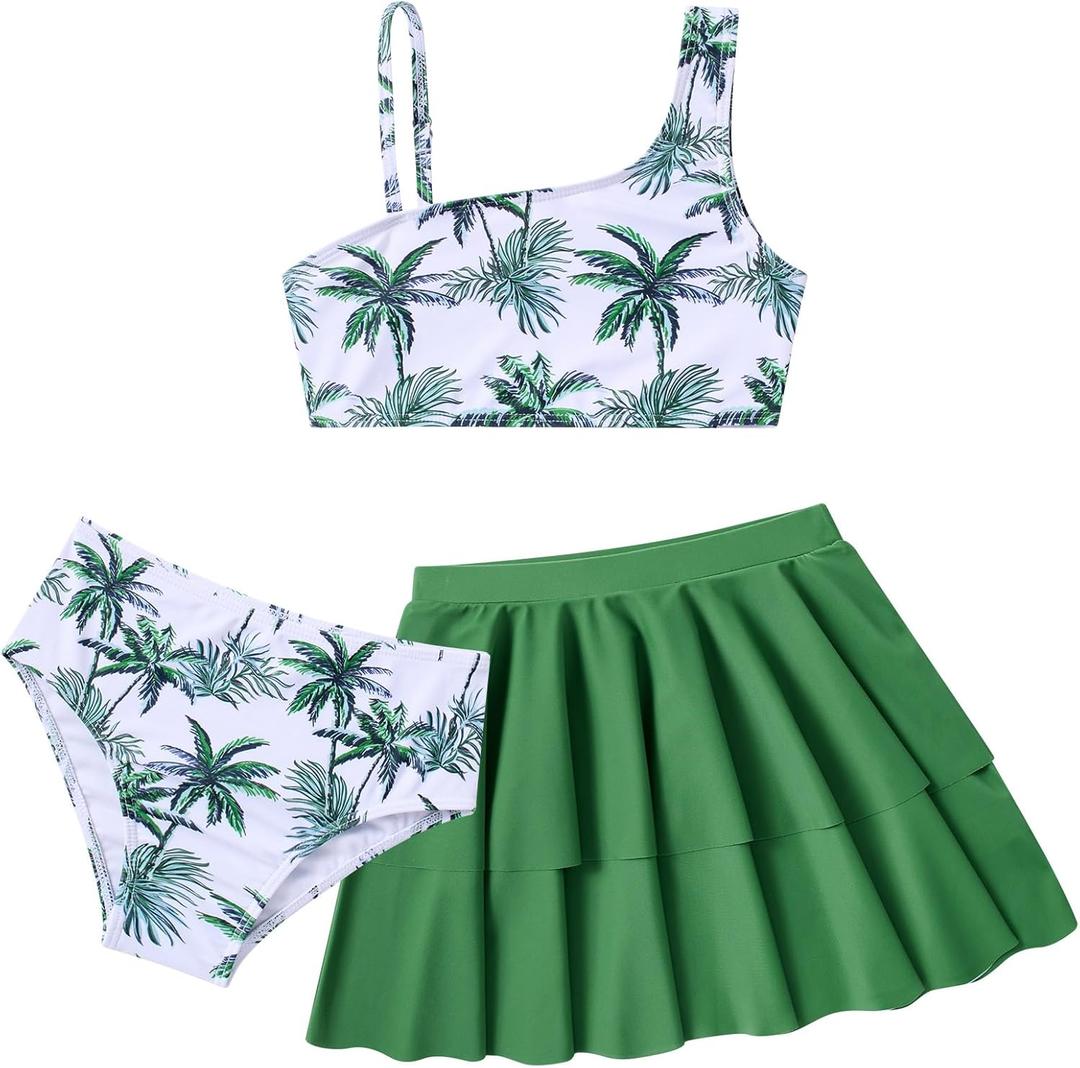 RAISEVERN Girls Swimsuit 3 Piece Bathing Suits Cute Quick Dry Bikini Tankini Sets with Cover Ups Beach Skirt for 5-12 Years (7-8 Years, 007-palm Tree 02)