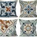 Boho Pillow Covers - 18x18, Watercolor Boho Vintage Retro Floral Mandala Linen Throw Pillow Covers Set of 4, Decorative for Living Room, Bed, Outdoor