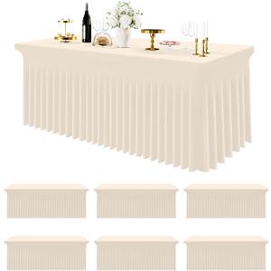 Smiry Spandex Tablecloth 6 Pack, Elastic Fitted Stretch Tablecloth for 8FT Rectangle Tables, Waterproof Washable Table Cover Skirt for Wedding, Banquet & Parties (Beige, 96Lx30Wx30H Inch)
