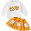 Toddler Girl Halloween Outfit Ghost/Pumpkin Sweatshirt+Embroidered Pattern Skirt 1-6Y (White)