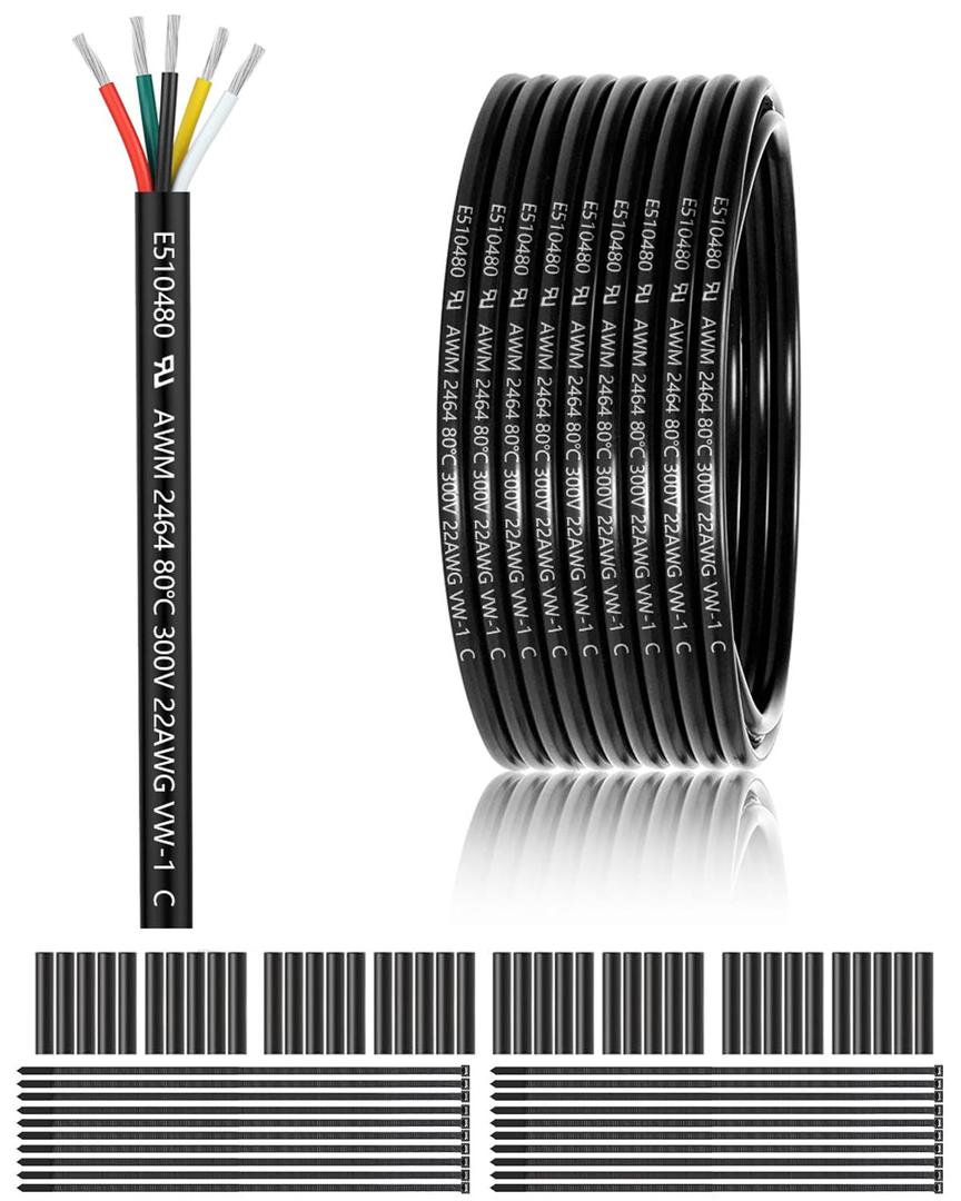 22 Gauge 5 Conductor Electrical Wire 100FT, UL 2464 22 AWG 5 Wire Cable Tinned Copper PVC Stranded 22/5 Core Wire for LED Lighting, Outdoor Low Voltage Extension Cable, Automotive etc.