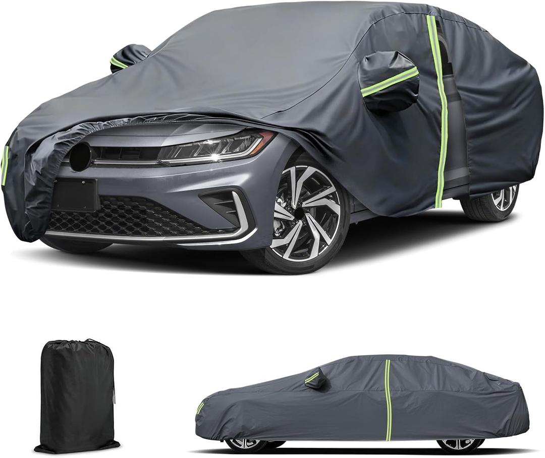 Waterproof Car Cover for 2011-2025 VW Jetta, All Weather Sedan Outdoor Sun UV Rain Dust Snow Wind Protection Cover for Automobiles with Zipper Door & Windproof Bands (Gery)