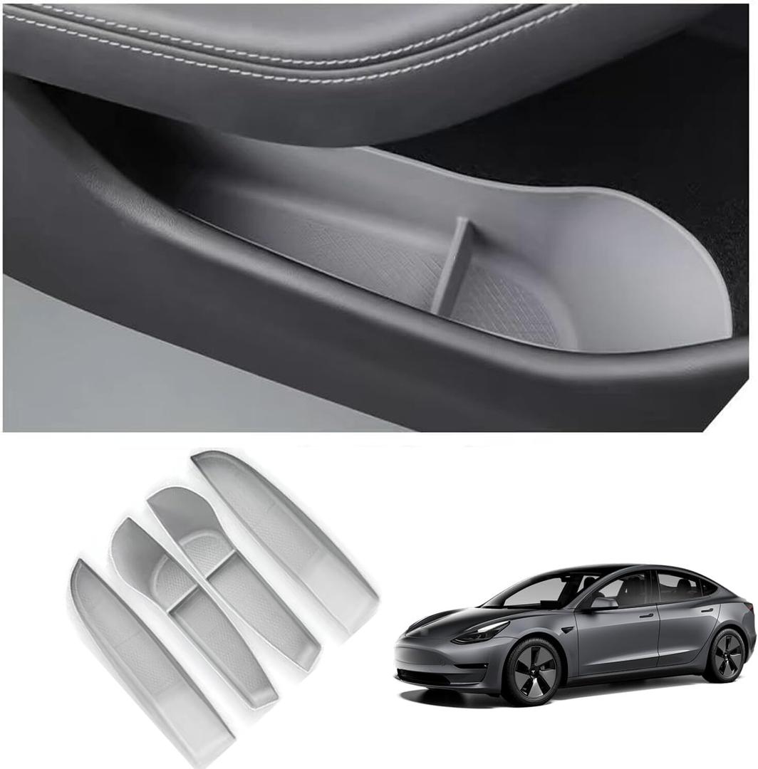 Car Side Storage Box for 2020-2025 Tesla Model Y Accessories Front Rear Door Insert Tray Organizer Slot Storage Protector - TPE Material, grey, 4 Pieces