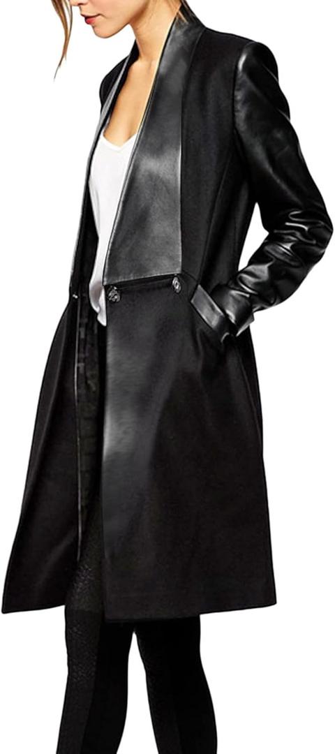 xxxiticat Women's Black Leather Jacket Long Sleeve Lapel Collar Windbreaker Double Breasted PU Leather Trench Blazer Coat (X-Large, Black)