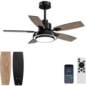 Ceiling Fans with Lights and Remote Control, 42 Inch Flush Mount Ceiling Fan with Quiet Reversible DC Motor, Dimmable LED Lighting, 6 Speeds, Timer, Black Ceiling Fan for Bedroom Living Room