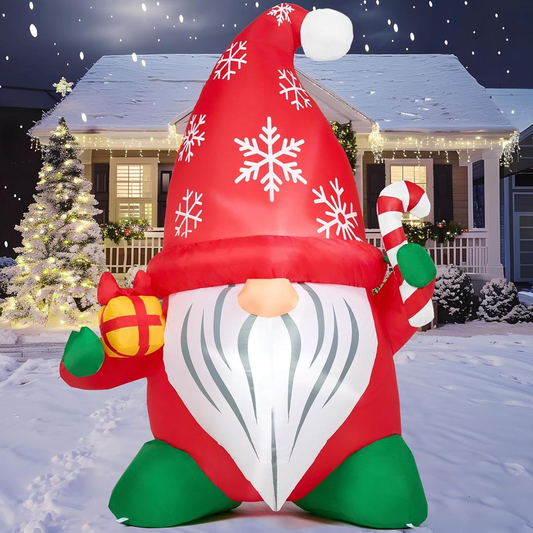 JOIEDOMI 6 FT Tall Christmas Inflatables Outdoor Decoration, Blow Up Gnome with Gift & Candy Cane, Christmas Yard Inflatables Gnome Outdoor Decor with LED for Xmas Decor Outside