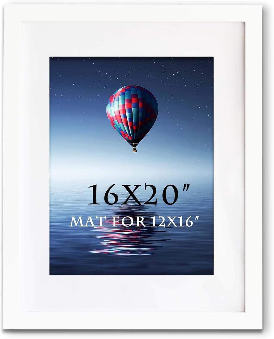 16x20inch Picture Frame Solid Wood Wall Mounting Certificate Poster Photo Frame with MAT Display Pictures 12x16in (White, 1)…