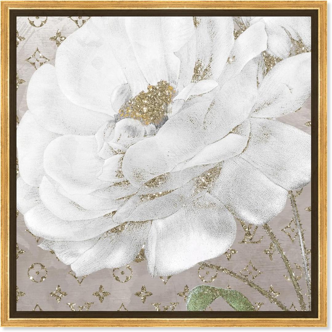 Ivory Flower Shine Taupe Canvas Elegant White Gold Wall Art, Gold Frame, 24" x 24"