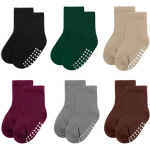 3 x 6 Pack Baby Socks and Toddler Socks,Soft Cotton Crew Socks with Non-Slip Grips for Infants,Boys and Girls,4-7 Years,(Black/DarkGreen/Khaki/RedBrown/Gray/Maroon)