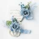 Wrist Corsage Wristlet and Boutonniere Set for Wedding Bridesmaid Mother Grandmother for Bridal Shower Wedding Artificial Roses Flower Prom Set of 2 (Dusty Blue)