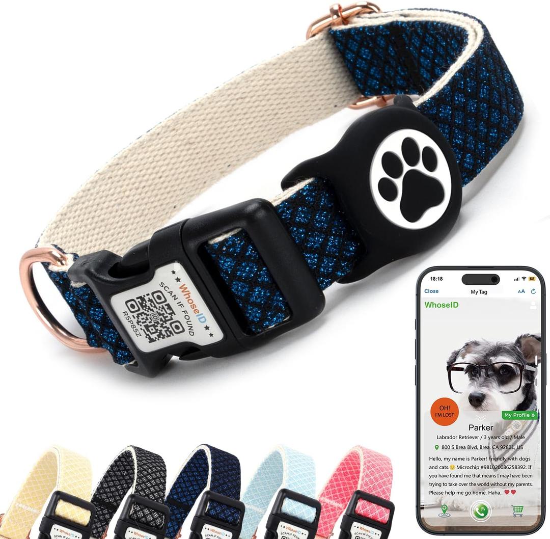 WhoseID Dog Collar with Waterproof AirTag Holder & Anti-Lost QR Code, Cute Bling Warpping Adjustable Width for Small Medium Large Pet (Blue, M)