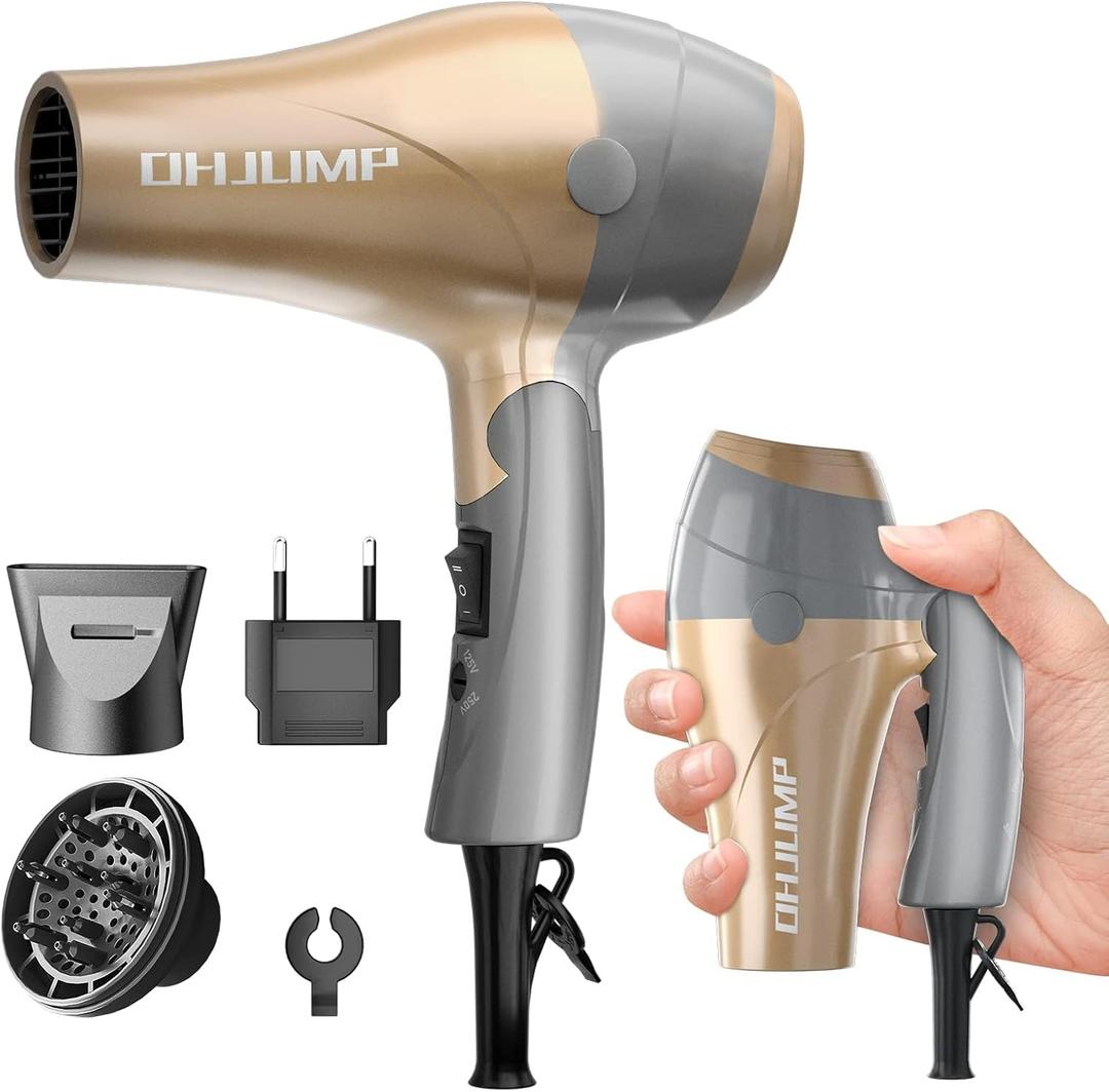 Travel Hair Dryer Blow Dryer with Diffuser, Portable Small Dual Voltage Compact Hairdryer, EU Plug, 1875W Powerful Fast Dry, Folding Handle, Diffuser Hair Dryer Rose Gold