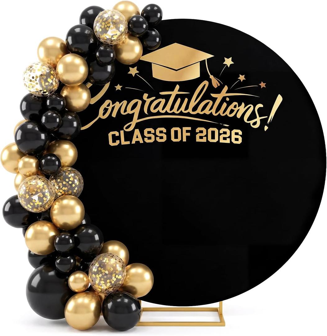 Frienda 2026 Graduation Round Arch Backdrop Cover 7.2 ft Circle Arch Backdrop Cover for Class of 2026 School Grad Photography Prom Party Photo Shoot Props Decorations (Black Gold)