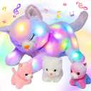 Hopearl LED Musical Stuffed Cat Lighting Up Singing Plush Toy Playset Mommy Cat with 3 Baby Kittens in her Tummy Lullaby Animated Soothe for Mom Kids Toddler Girls, Rainbow, 18''