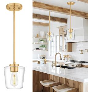 Gold Pendant Lights Kitchen Island, 6" Hanging Lights Fixtures with Clear Glass Shade, Modern Brass Kitchen Pendant Lighting Over Island for Dining Room, AD-22004-1P-GD-C