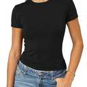 Abardsion Women's Casual Basic Going Out Crop Tops Slim Fit Short Sleeve Crew Neck Tight T Shirts 2026 (Black, L)