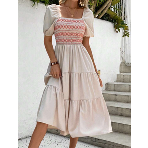 SHEIN LUNE Geo Print Shirred Ruffle Hem Dress Maxi Women Outfit, SIZE M