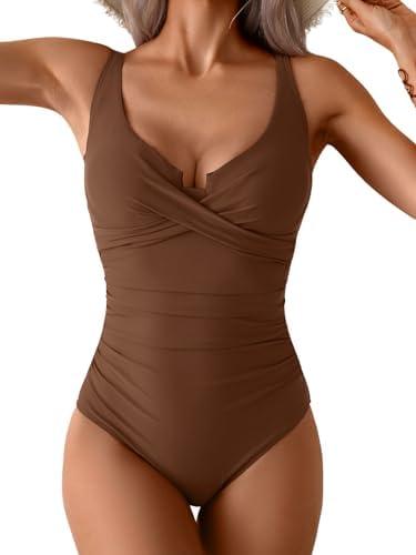 B2prity Women's Underwire One Piece Swimsuit Tummy Control Ruched Bathing Suit Criss Cross V Neck Swimwear L