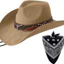 Wildarms Cowboy Hat with Bandana - Adjustable Wide Brim Western Hat for Men & Women,Rodeo Christmas Cowgirl Hats Gifts (Medium, Bull2-camel)
