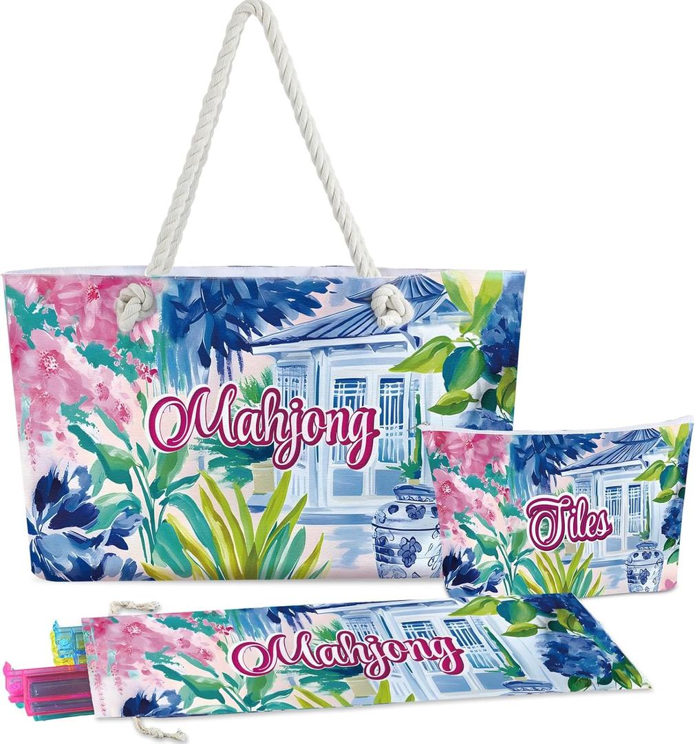Empty Mahjong Bags Set for Tiles and Racks 24x13x4.7 Inch American Mahjong Carrying Bag Tote Tiles Bag Drawstring Protective Sleeve for Rack Pusher Party Travel, Case Only(Floral)