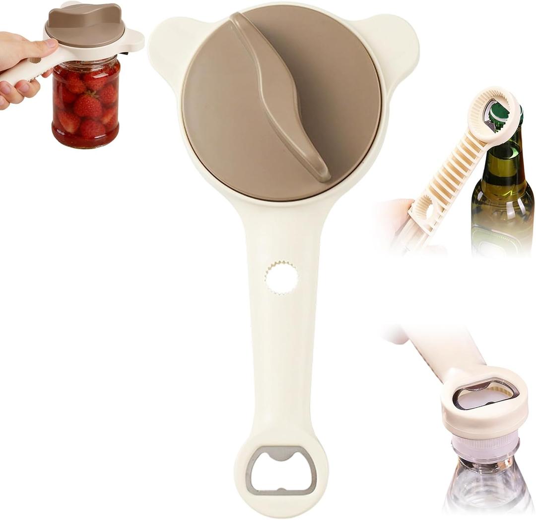 Upgraded 4-in-1 Multi-Functional Jar & Bottle Opener (1-3.5inches), Magnetic Stainless Steel Can Opener with Retractable Adjustable Grip, Extended Ergonomic Handle for Easy Opening, Beige (1 Pack)