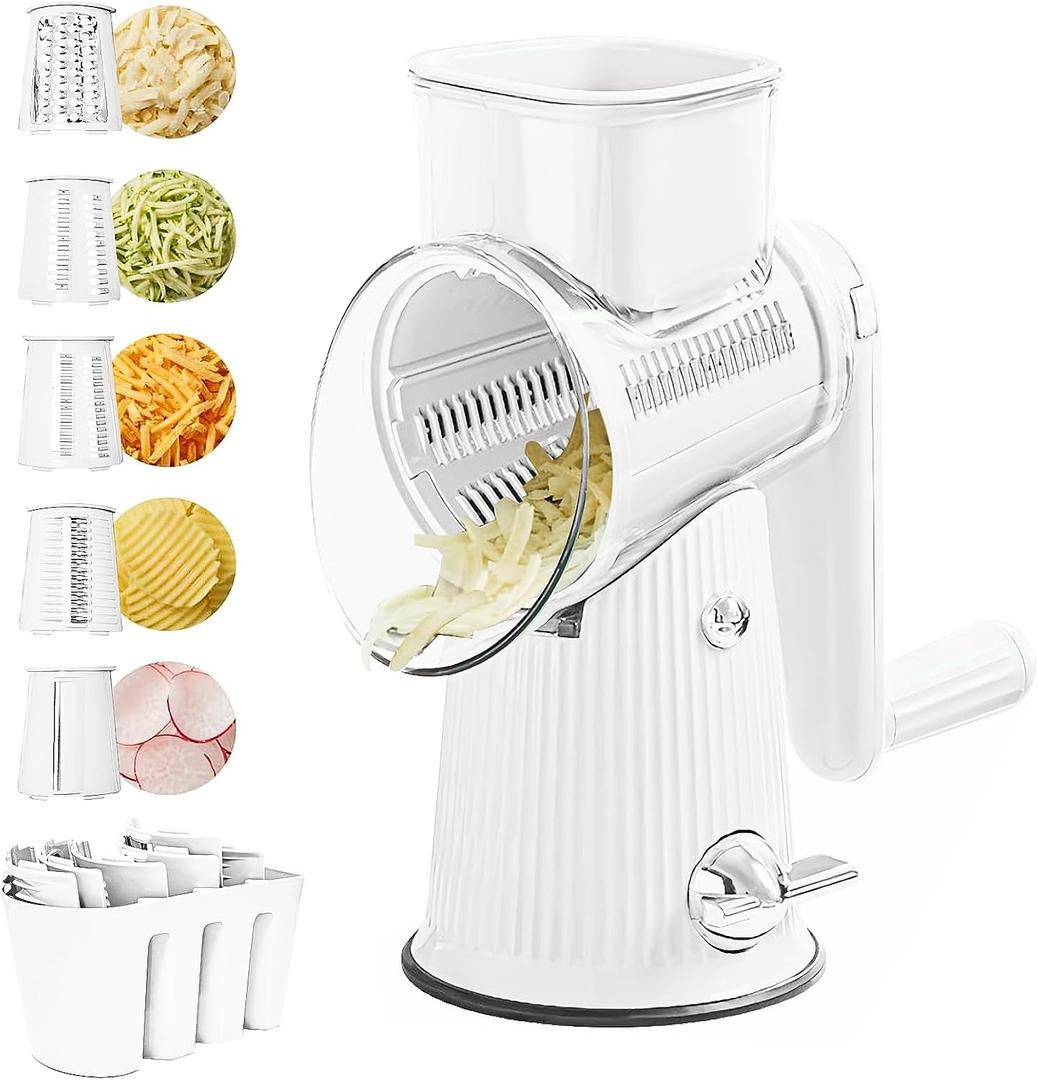 R RUISHENG Rotary Cheese Grater with Handle Speed Hand Crank Cheese Shredder with 5 Interchangeable Blades Kitchen Vegetable Slicer with Strong Suction Base for Fruit Vegetables Nuts White