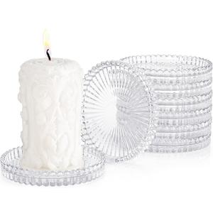 Glass Candle Holders, GOH DODD Set of 8 Crystal Pillar Plates Modern Coasters for Drinks, Centerpiece, Home Decor, Kitchen, Living Room, Patio, Wedding, Halloween, Christmas, Party, Clear