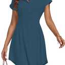 LYANER Women's Pleated Waist Collar V Neck Button Down Short Sleeve Mini Short Shirt Dress (X-Large, Teal Blue)