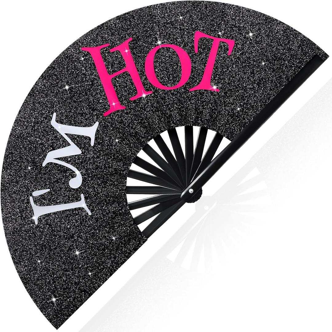 2 x Vercraft 13'' Large Folding Fans for Line Dancing Glitter Large Rave Hand Fan Clack Rave Fan for Women for EDM Music Party Decor(Black,I'm Hot)