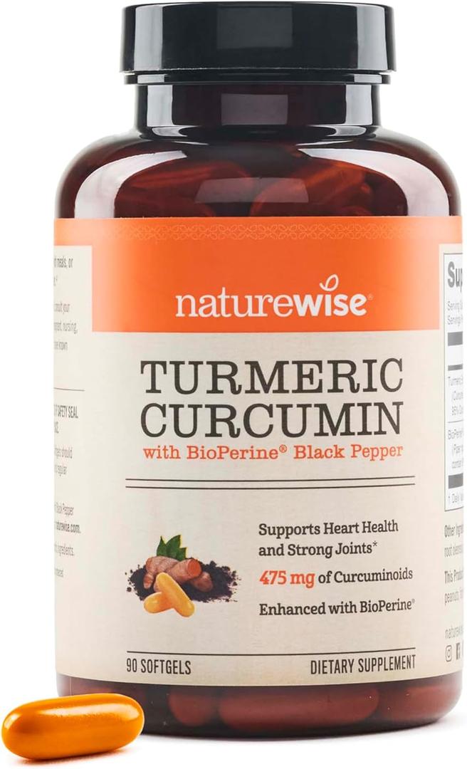 NatureWise Turmeric Curcumin 500mg with Black Pepper Softgels - Extra Strength, Enhanced Absorption - 95% Curcuminoids & BioPerine for Immune Support - Gluten-Free, Non-GMO - 90 Count [3-Month Supply]