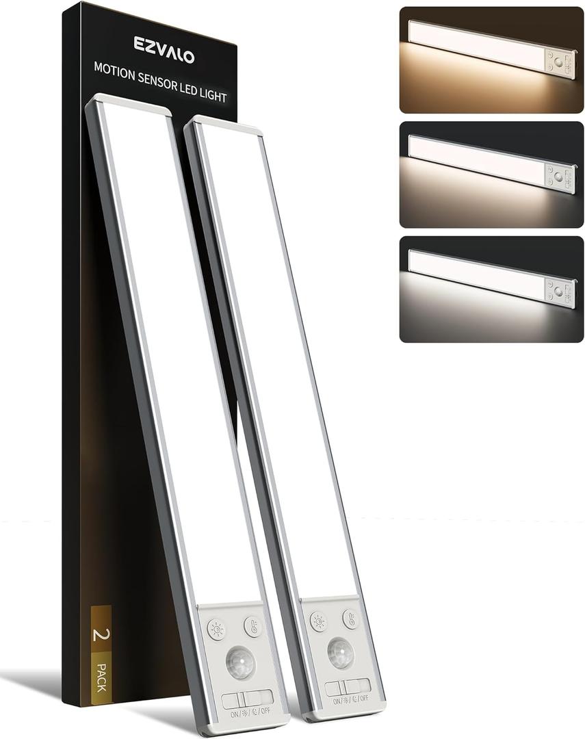 EZVALO Under Cabinet Lighting, 3500mAh Rechargeable Motion Sensor Light Indoor, 3 Color Temps, 5-Level Dimmable Magnetic Wireless Closet Lights for Kitchen, Pantry, Stairs (2 Pack)