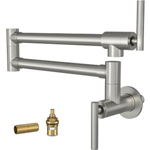 Lordear Pot Filler Faucet Brushed Nickel Finish Commercial Wall Mount Stove Kitchen Faucet, Stainless Steel Folding Faucet Over Stove, Kitchen Faucet with Double Joint Swing Arms