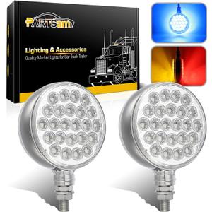 Partsam 2Pcs Round Double Face Led Turn Signal Marker Lights and Blue Auxiliary Lights LED Pedestal Lights Post Mount 48 LED for Truck Trailer Mirror Arm Clamp Clearance, 10-30V (Amber/Red/Blue)