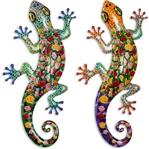 Pipilily 2 Pack Metal Gecko Wall Art, Metal Lizard Indoor Outdoor Hanging Sculpture Decor for Garden Yard Living Room Bedroom Patio Balcony (Style 2)
