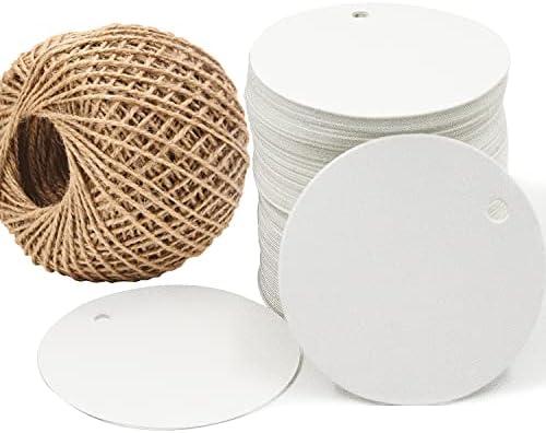 Pack Of 2 Gift Tags,100 PCS 2inch Kraft Paper White Round Hang Tags with Free 30m Natural Jute Twine for Christmas Holiday Gifts Wedding Favors